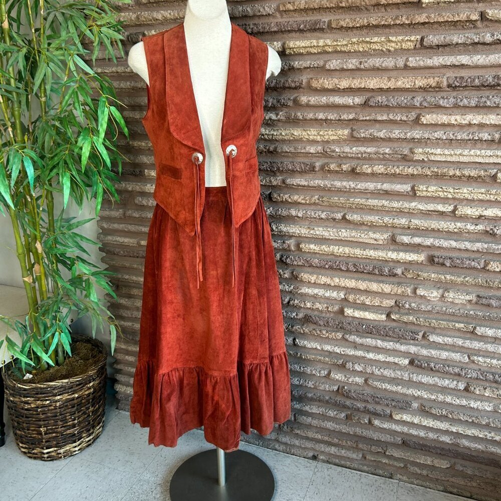 Carla Vintage 70s 80s Cowgirl Festival Rust Suede Vest and Full Skirt READ - Picture 14 of 15